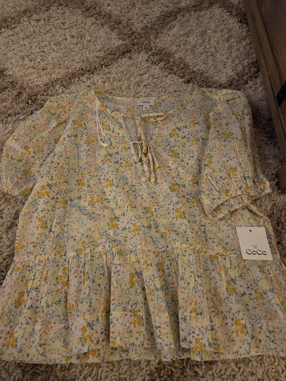 CeCe Cream Floral Peasant Blouse with Yellow & Green Accents